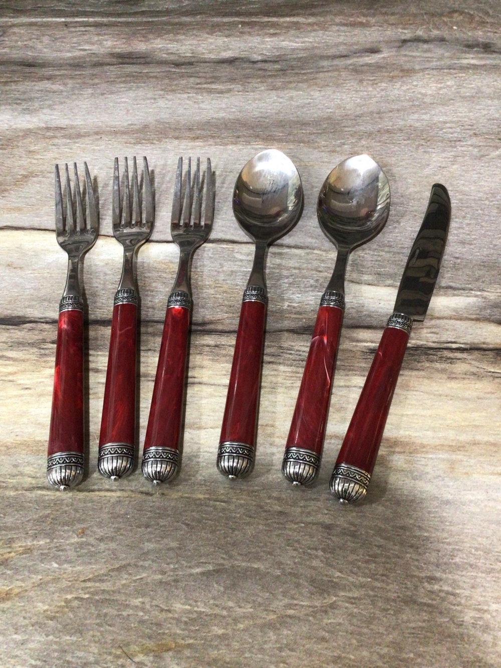 Red Marbled Acrylic Handle Flatware Set Stainless Steel Ornate 6 Piece
